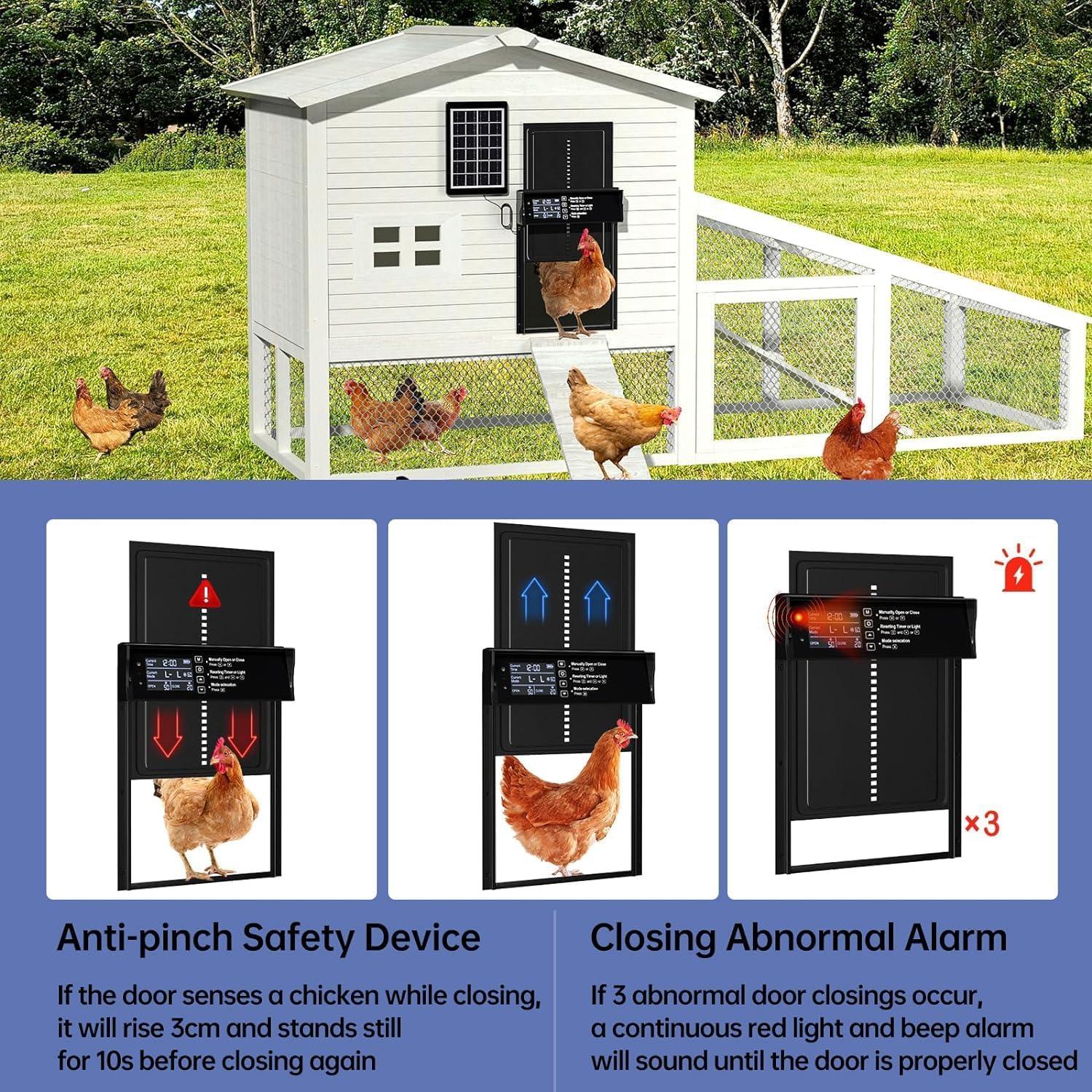 Automatic Chicken Coop Door Solar Powered with 4 Mode Timer & Light Sensor, Anti-Pinch & USB Charging Port