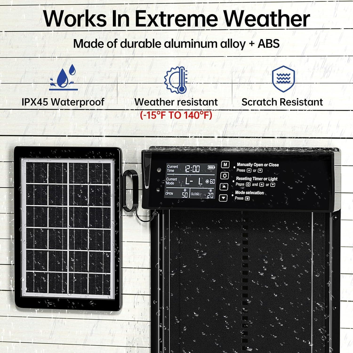 Automatic Chicken Coop Door Solar Powered with 4 Mode Timer & Light Sensor, Anti-Pinch & USB Charging Port