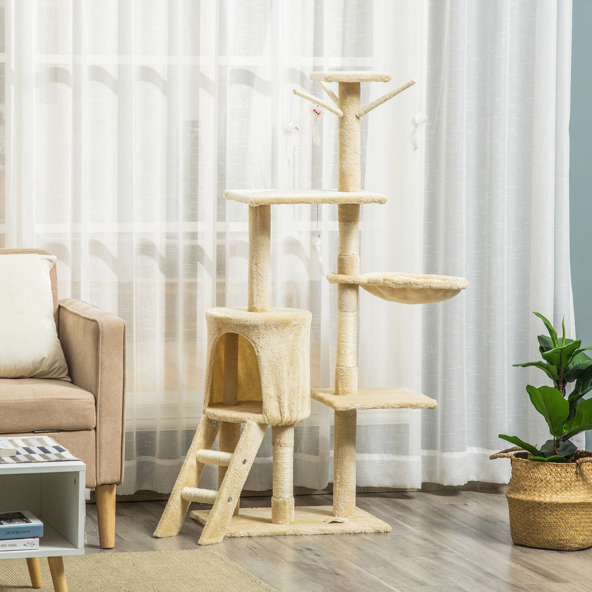CARLA HOME 134cm Cat Tree for Indoor Cats with Hammock, Plush Perch & Sisal Scratching Posts for Kittens & Adult Cats (Beige)