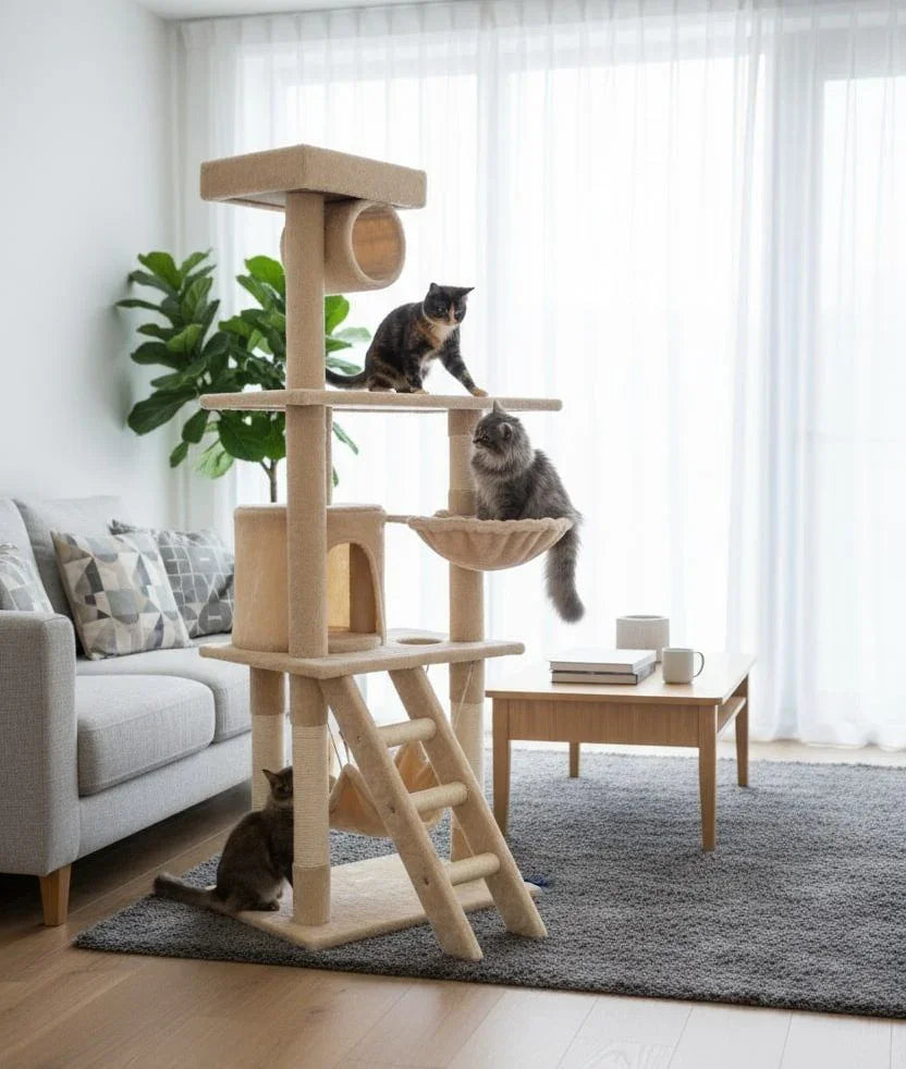 141cm Cat Tree Tower for Indoor Cats with Plush Perch, Ladder, Sisal Scratching Posts, Hammock & Condo for Kittens & Adult Cats (Beige)