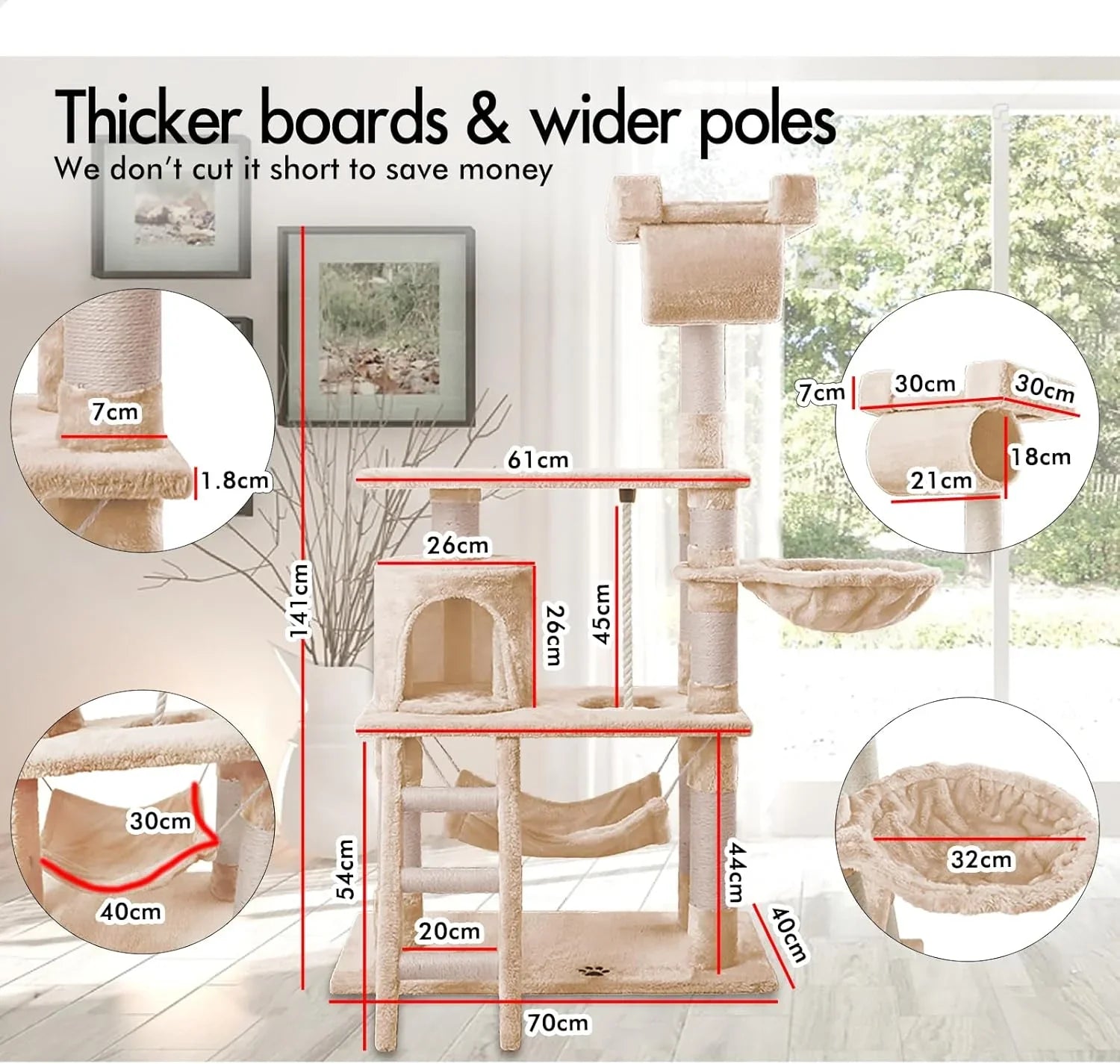 141cm Cat Tree Tower for Indoor Cats with Plush Perch, Ladder, Sisal Scratching Posts, Hammock & Condo for Kittens & Adult Cats (Beige)