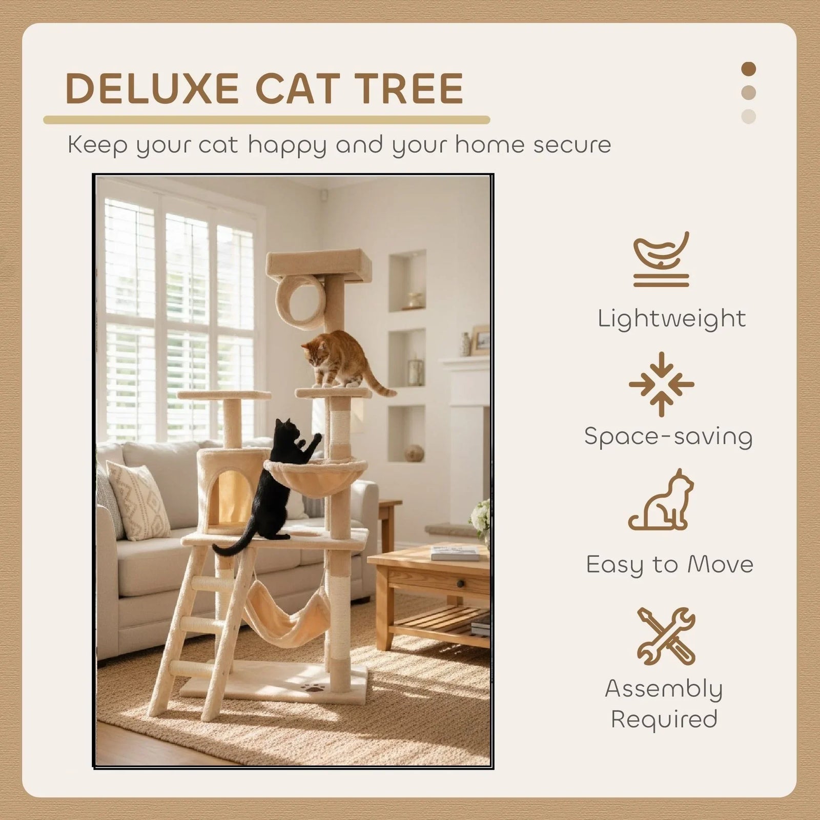 141cm Cat Tree Tower for Indoor Cats with Plush Perch, Ladder, Sisal Scratching Posts, Hammock & Condo for Kittens & Adult Cats (Beige)