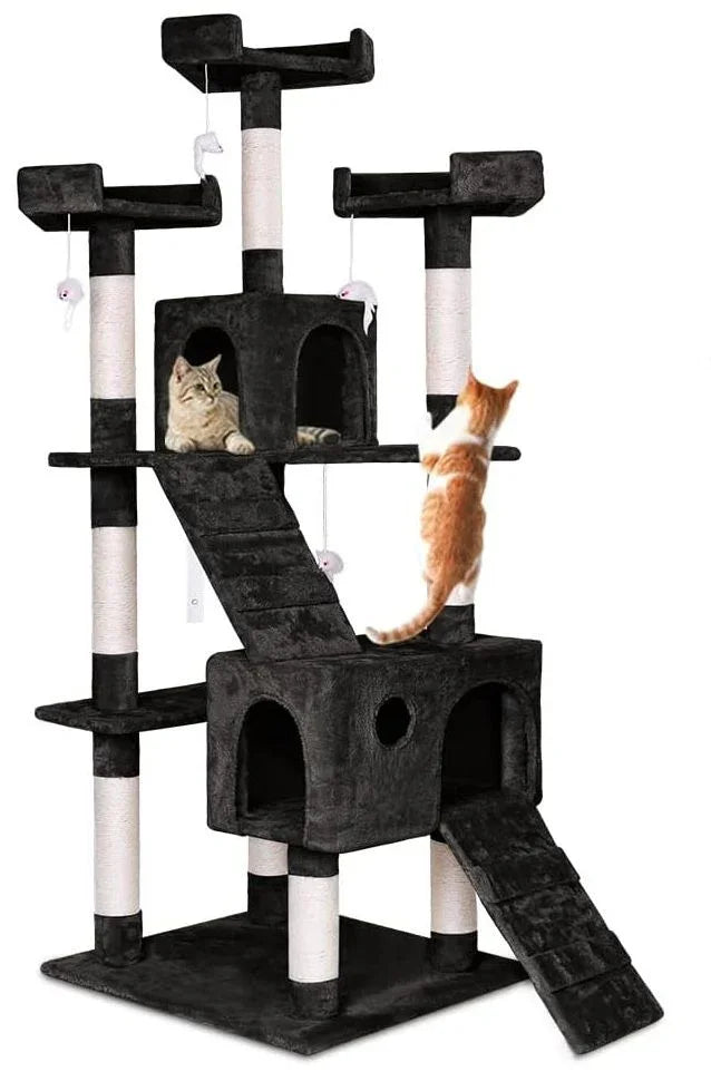 180cm Cat Tree Tower for Indoor Cats with Dual Condos, Plush Perches, Sisal Scratching Posts & Ramps for Kittens & Adult Cats (Black)