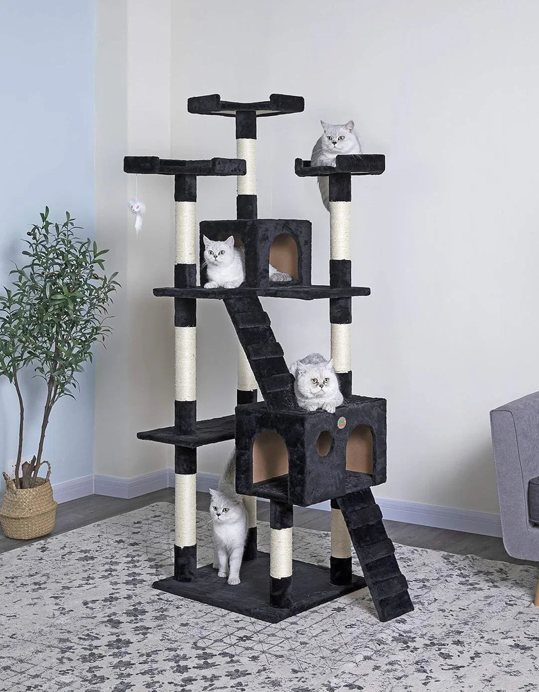180cm Cat Tree Tower for Indoor Cats with Dual Condos, Plush Perches, Sisal Scratching Posts & Ramps for Kittens & Adult Cats (Black)