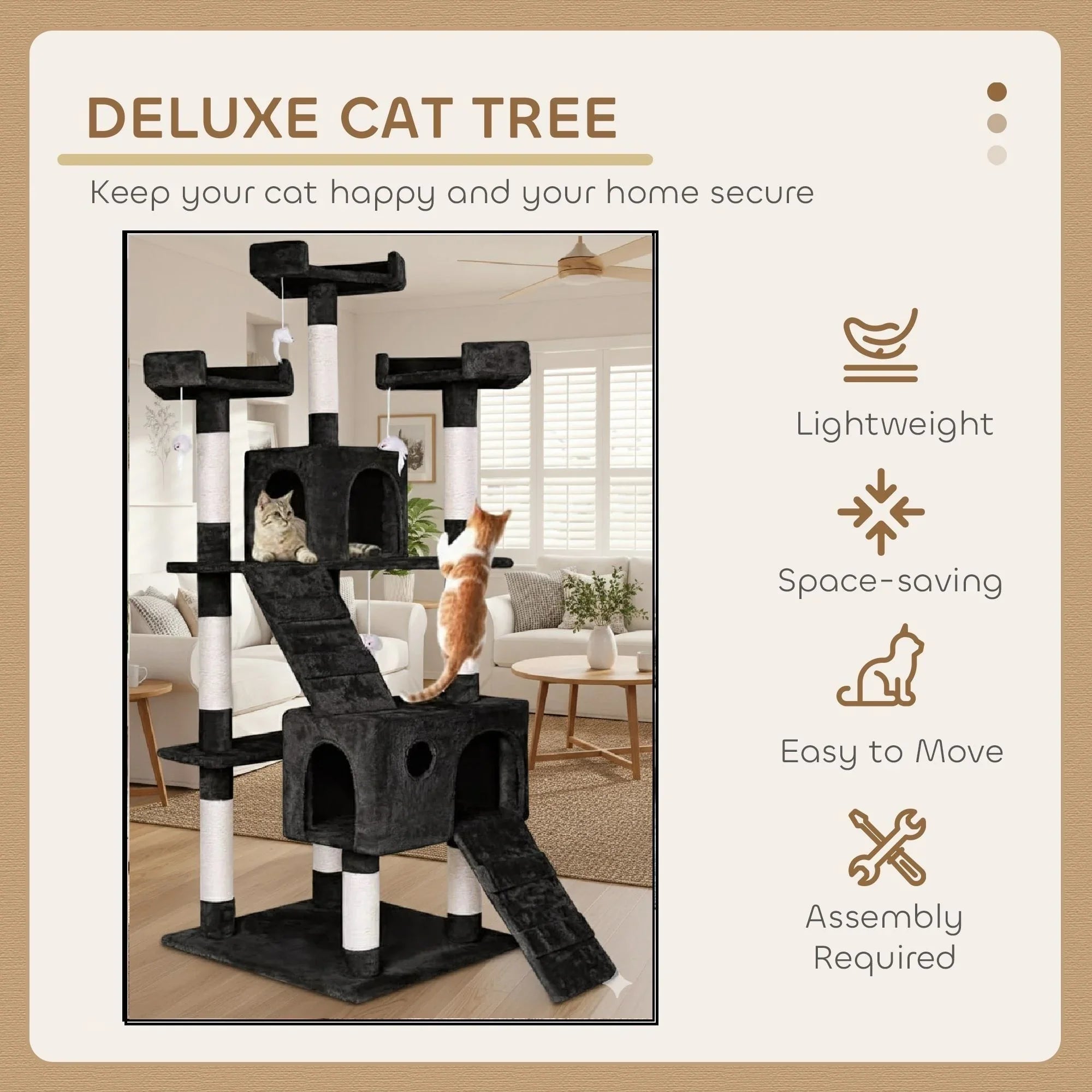 180cm Cat Tree Tower for Indoor Cats with Dual Condos, Plush Perches, Sisal Scratching Posts & Ramps for Kittens & Adult Cats (Black)