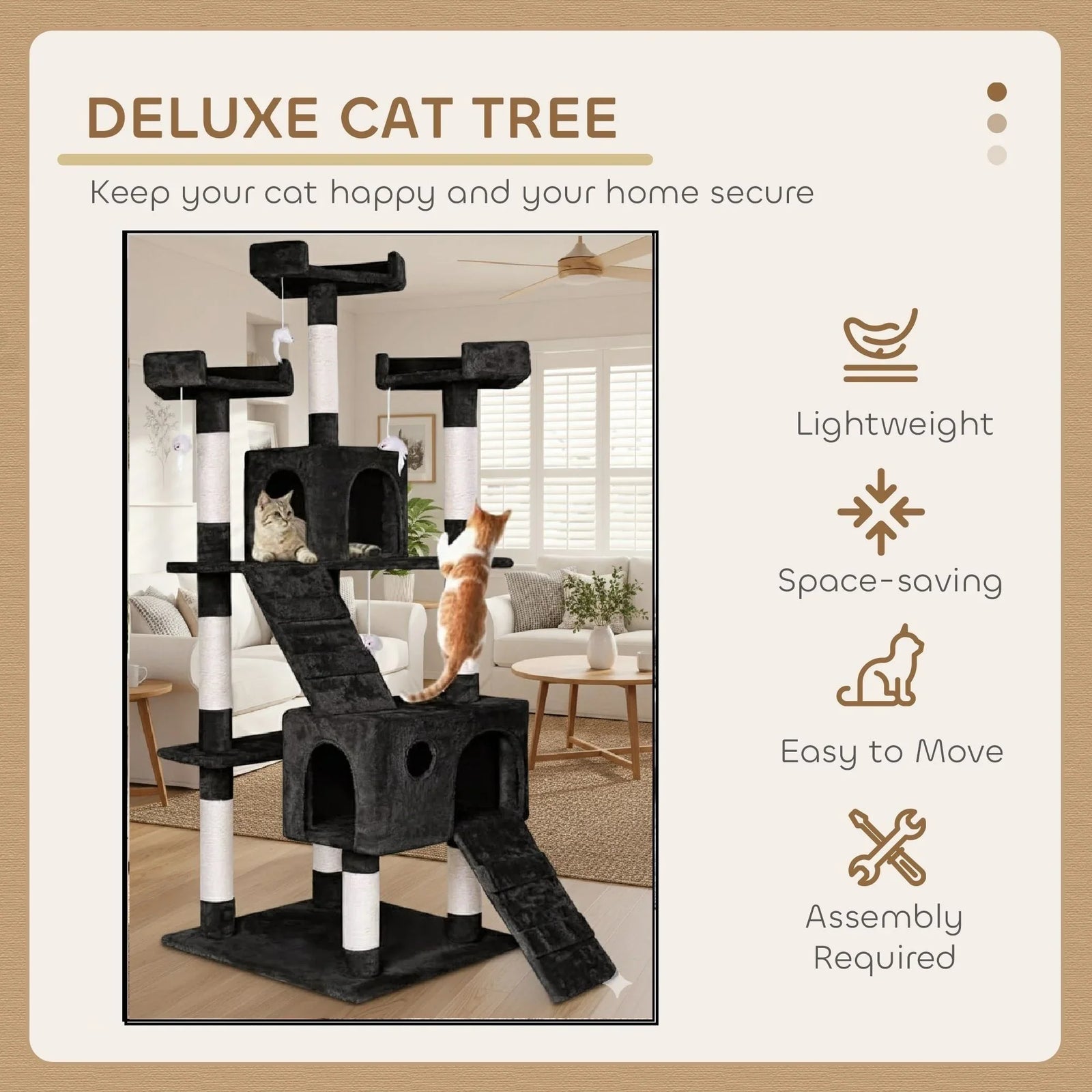 180cm Cat Tree Tower for Indoor Cats with Dual Condos, Plush Perches, Sisal Scratching Posts & Ramps for Kittens & Adult Cats (Black)