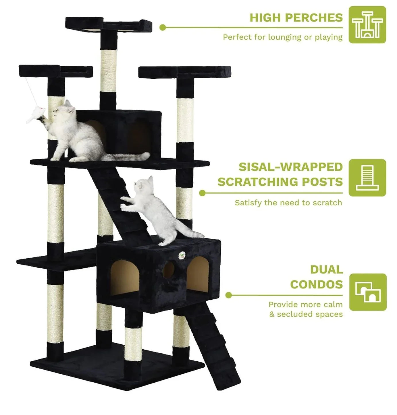 180cm Cat Tree Tower for Indoor Cats with Dual Condos, Plush Perches, Sisal Scratching Posts & Ramps for Kittens & Adult Cats (Black)