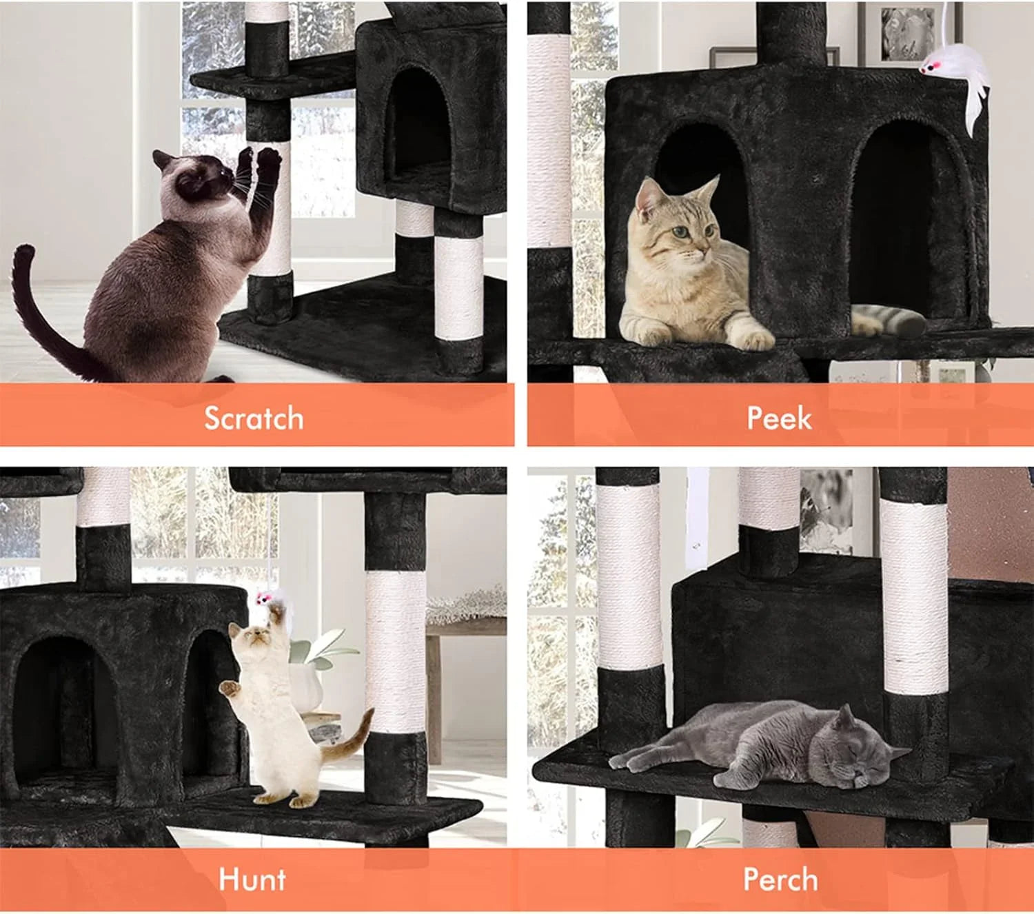180cm Cat Tree Tower for Indoor Cats with Dual Condos, Plush Perches, Sisal Scratching Posts & Ramps for Kittens & Adult Cats (Black)