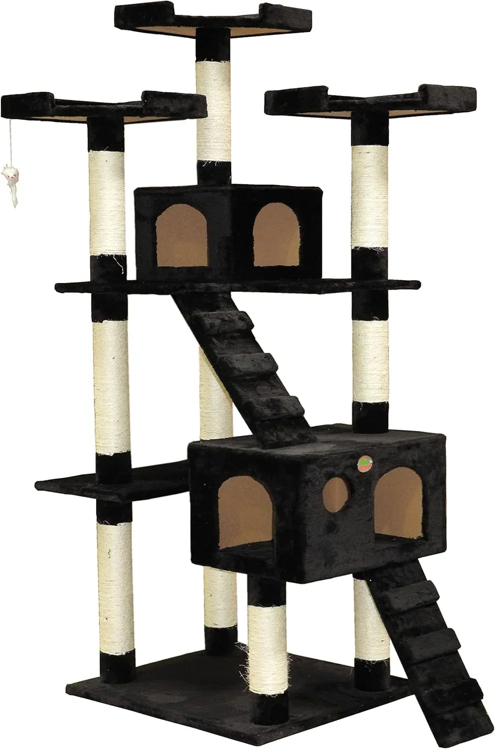 180cm Cat Tree Tower for Indoor Cats with Dual Condos, Plush Perches, Sisal Scratching Posts & Ramps for Kittens & Adult Cats (Black)