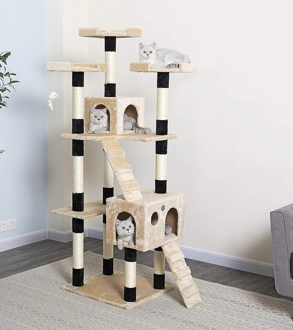 180cm Cat Tree Tower for Indoor Cats with Dual Condos, Plush Perches, Sisal Scratching Posts & Ramps for Kittens & Adult Cats (Beige)