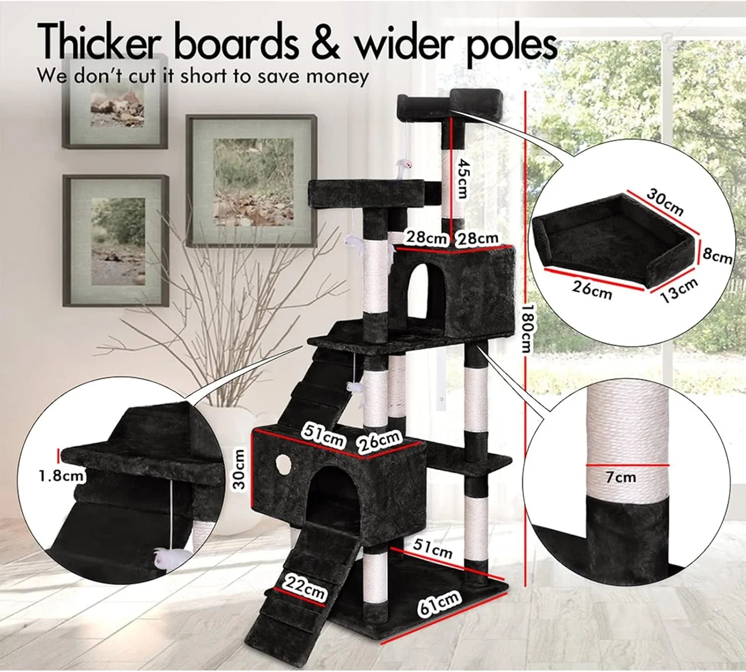 180cm Cat Tree Tower for Indoor Cats with Dual Condos, Plush Perches, Sisal Scratching Posts & Ramps for Kittens & Adult Cats (Beige)