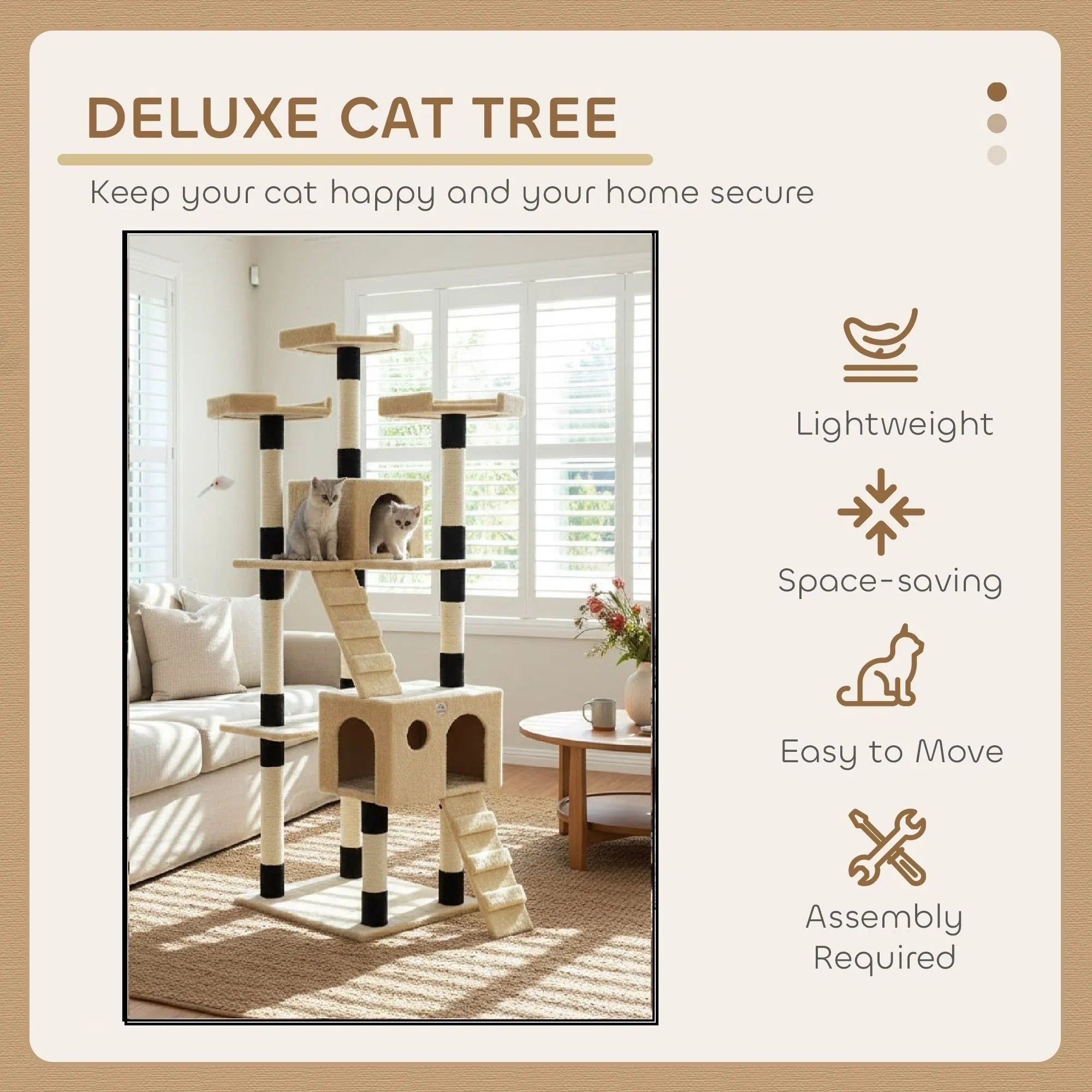 180cm Cat Tree Tower for Indoor Cats with Dual Condos, Plush Perches, Sisal Scratching Posts & Ramps for Kittens & Adult Cats (Beige)