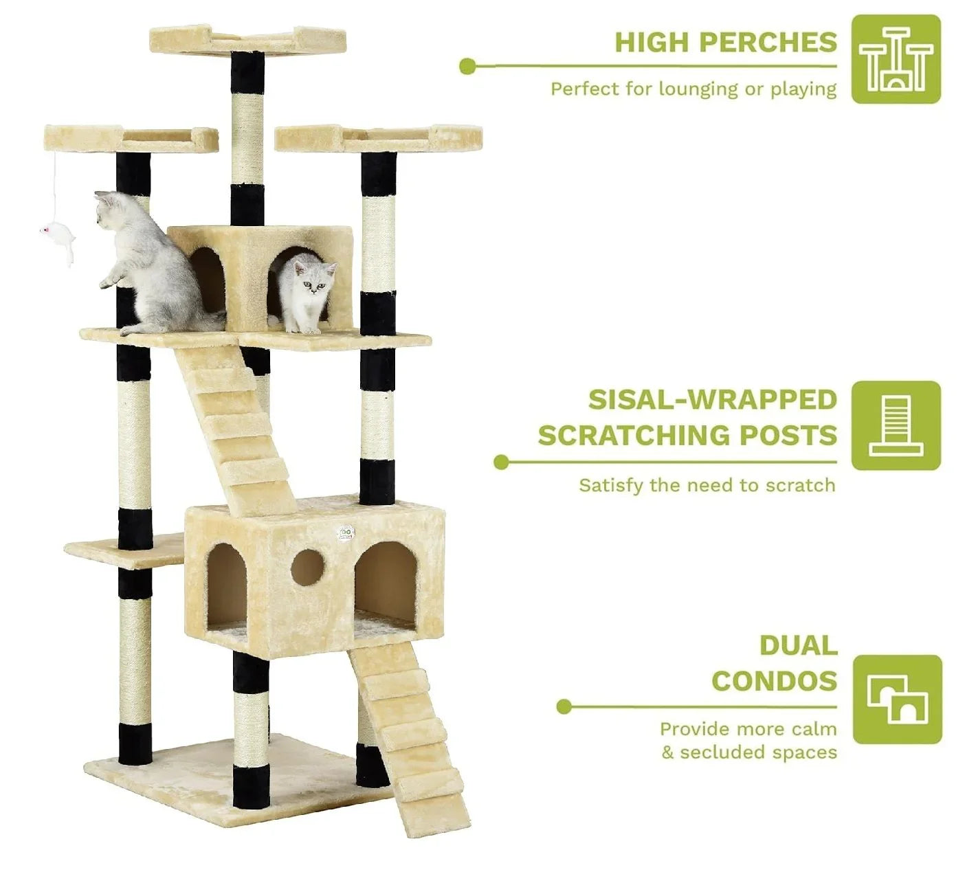180cm Cat Tree Tower for Indoor Cats with Dual Condos, Plush Perches, Sisal Scratching Posts & Ramps for Kittens & Adult Cats (Beige)