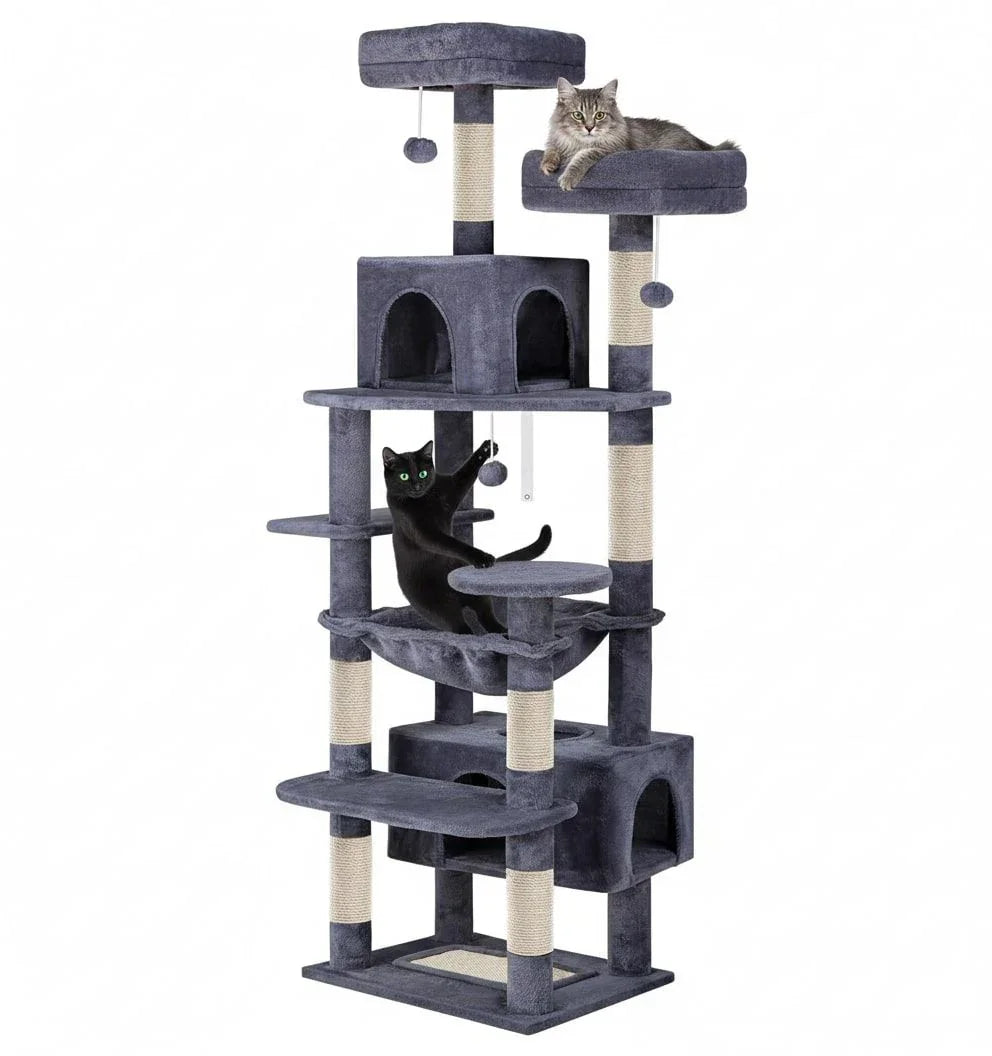 180cm Cat Tree Tower for Indoor Cats with Plush Perches, Dual Condos, Natural Sisal Scratching Posts & Ramps for Kittens & Adult Cats (Grey)