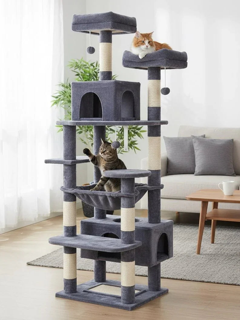 180cm Cat Tree Tower for Indoor Cats with Plush Perches, Dual Condos, Natural Sisal Scratching Posts & Ramps for Kittens & Adult Cats (Grey)