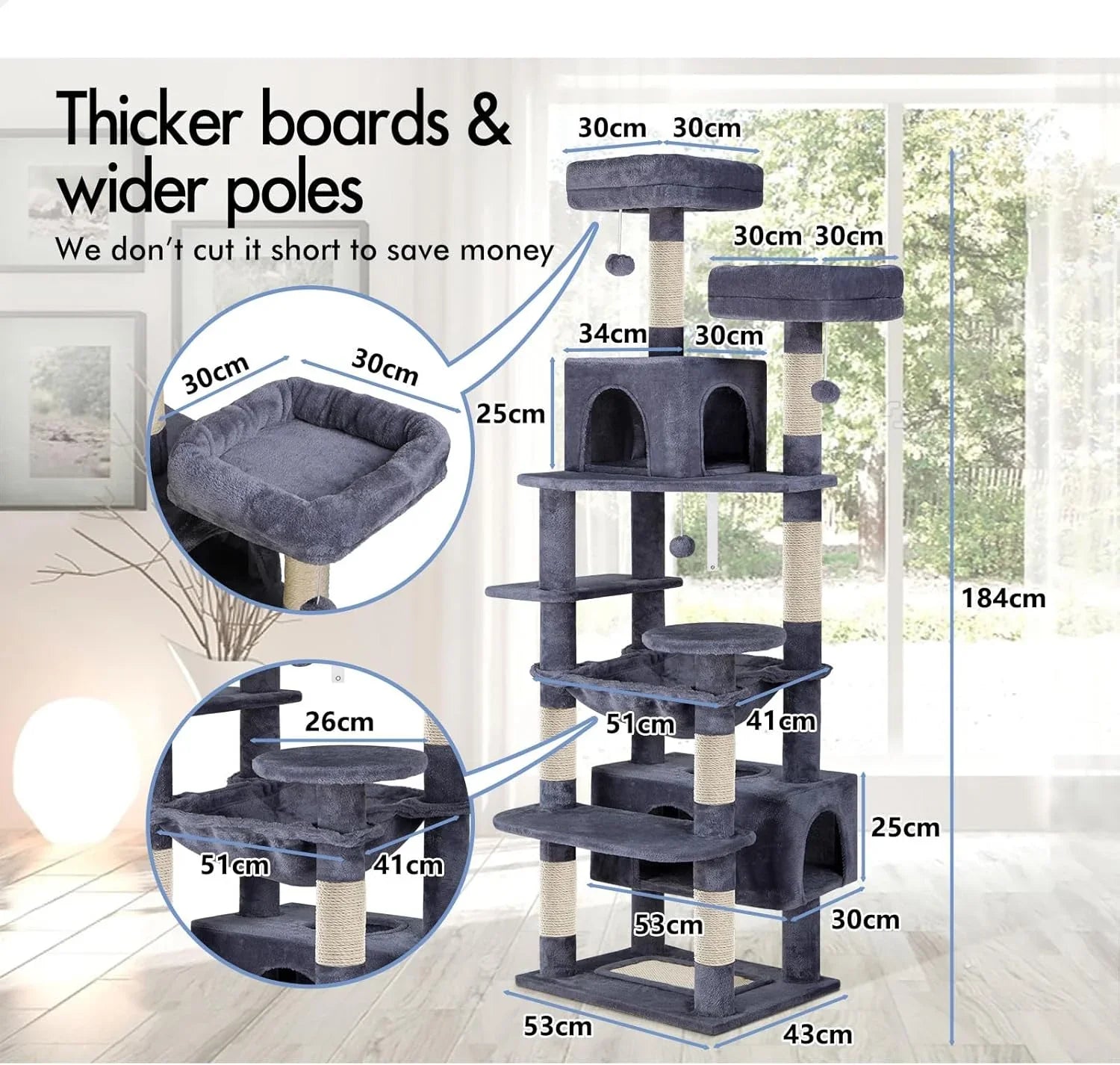 180cm Cat Tree Tower for Indoor Cats with Plush Perches, Dual Condos, Natural Sisal Scratching Posts & Ramps for Kittens & Adult Cats (Grey)