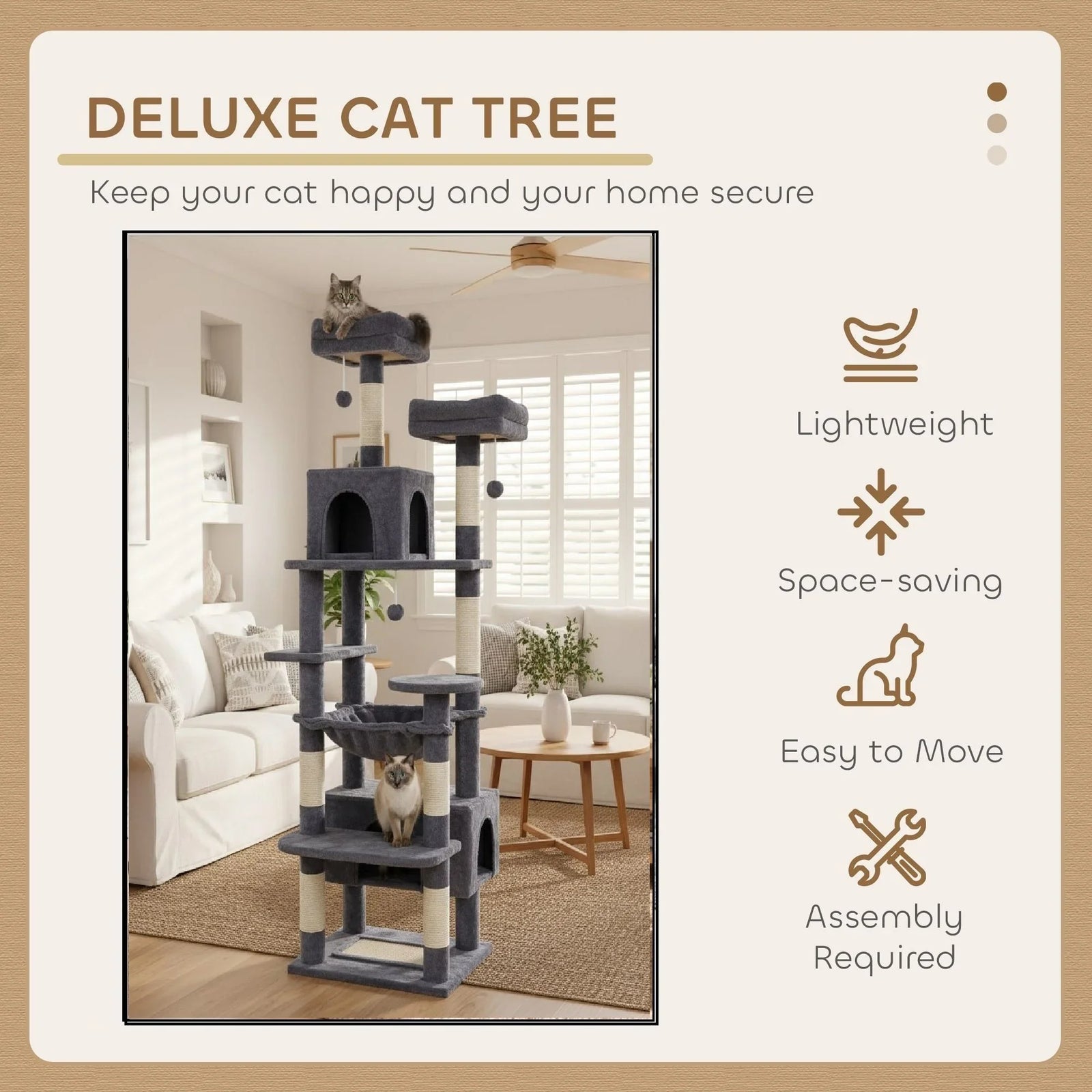 180cm Cat Tree Tower for Indoor Cats with Plush Perches, Dual Condos, Natural Sisal Scratching Posts & Ramps for Kittens & Adult Cats (Grey)