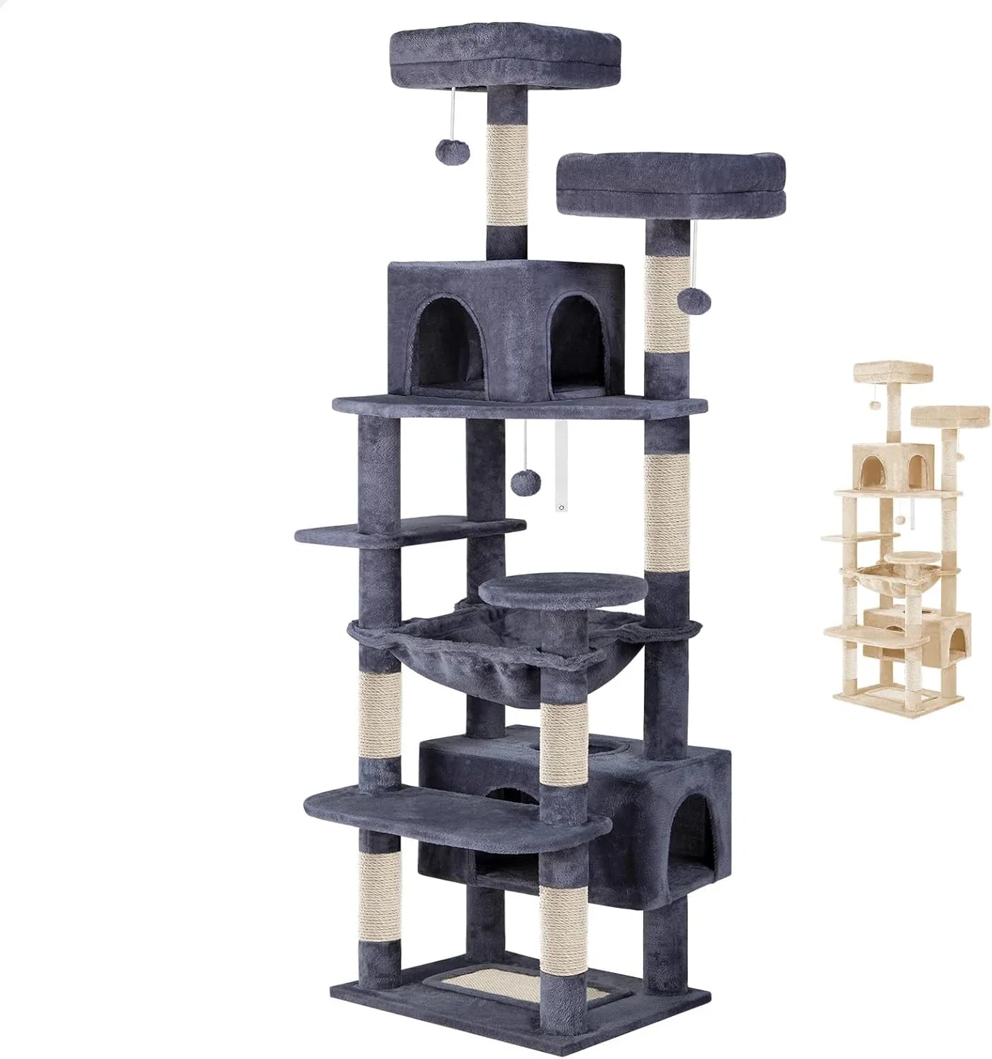 180cm Cat Tree Tower for Indoor Cats with Plush Perches, Dual Condos, Natural Sisal Scratching Posts & Ramps for Kittens & Adult Cats (Grey)