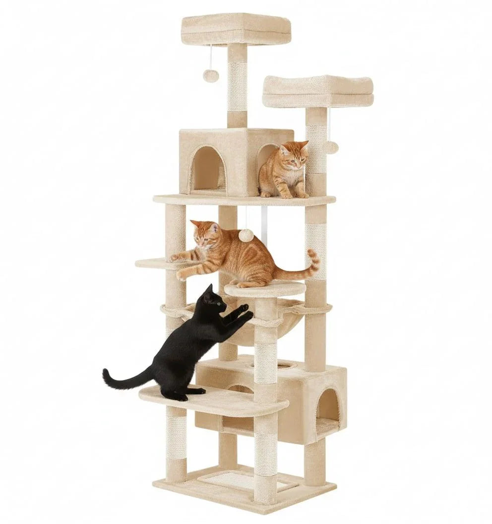 180cm Cat Tree Tower for Indoor Cats with Plush Perches, Dual Condos, Natural Sisal Scratching Posts & Ramps for Kittens & Adult Cats (Beige)