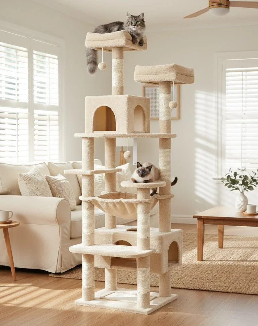 180cm Cat Tree Tower for Indoor Cats with Plush Perches, Dual Condos, Natural Sisal Scratching Posts & Ramps for Kittens & Adult Cats (Beige)