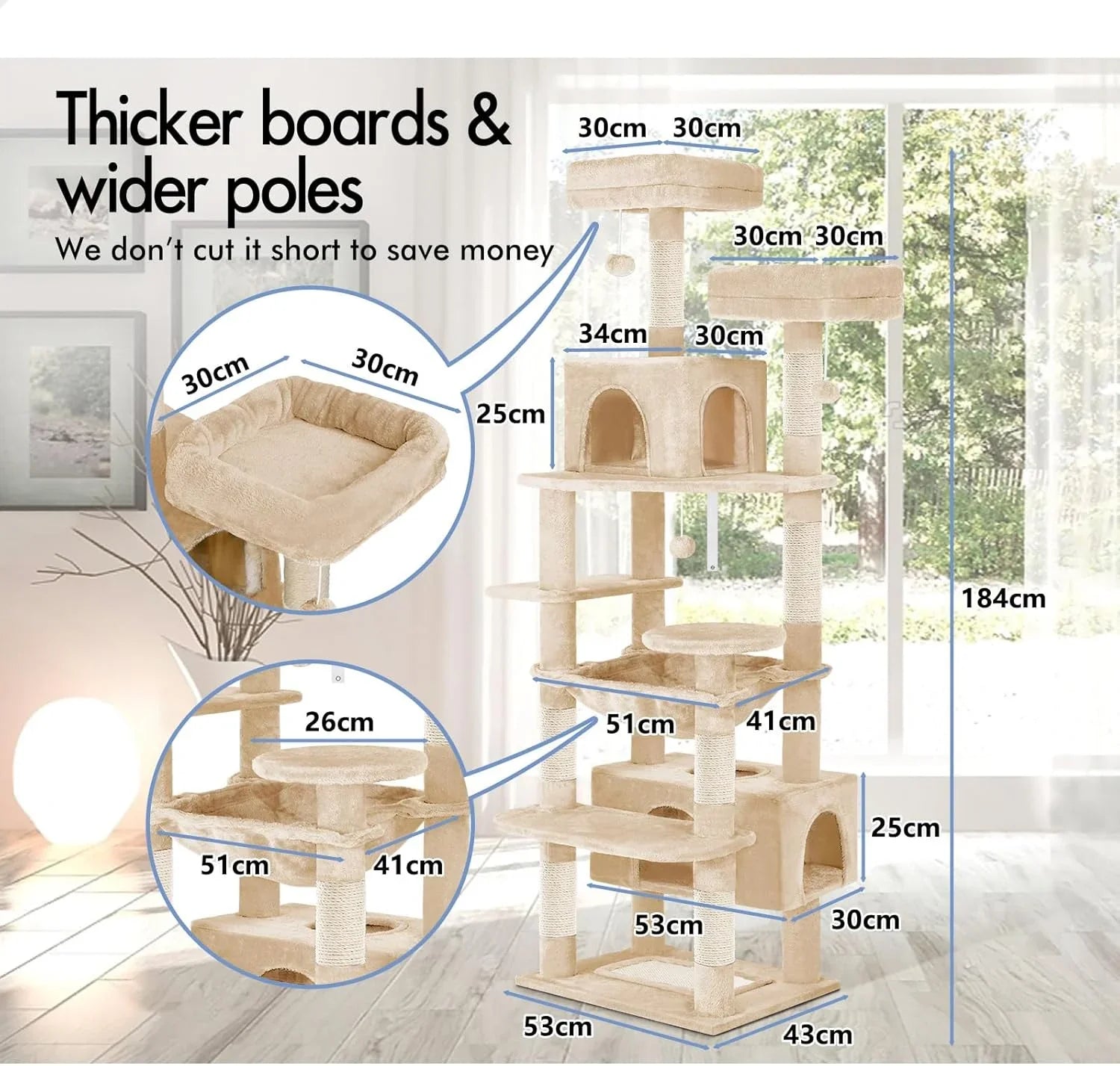 180cm Cat Tree Tower for Indoor Cats with Plush Perches, Dual Condos, Natural Sisal Scratching Posts & Ramps for Kittens & Adult Cats (Beige)