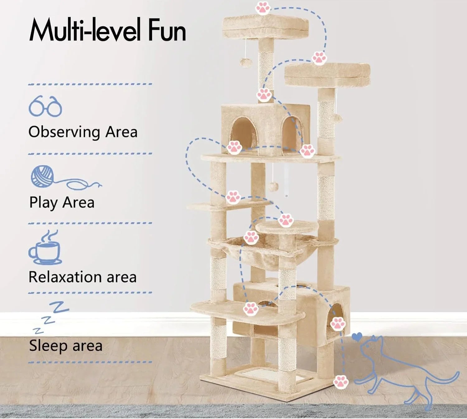 180cm Cat Tree Tower for Indoor Cats with Plush Perches, Dual Condos, Natural Sisal Scratching Posts & Ramps for Kittens & Adult Cats (Beige)