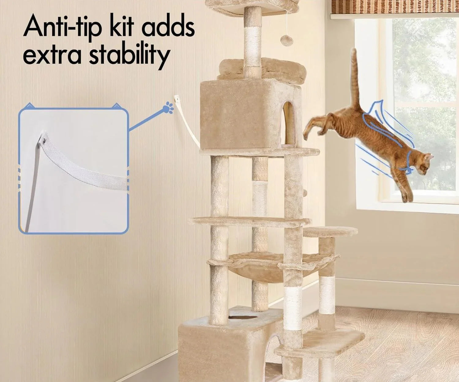 180cm Cat Tree Tower for Indoor Cats with Plush Perches, Dual Condos, Natural Sisal Scratching Posts & Ramps for Kittens & Adult Cats (Beige)