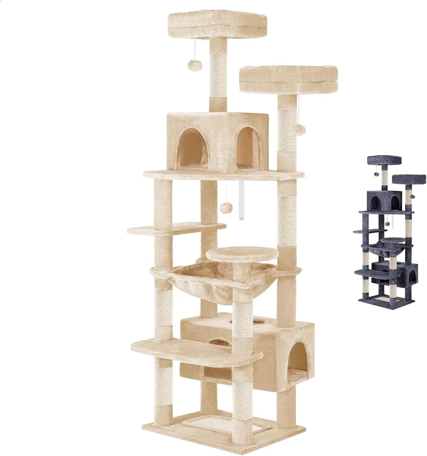 180cm Cat Tree Tower for Indoor Cats with Plush Perches, Dual Condos, Natural Sisal Scratching Posts & Ramps for Kittens & Adult Cats (Beige)