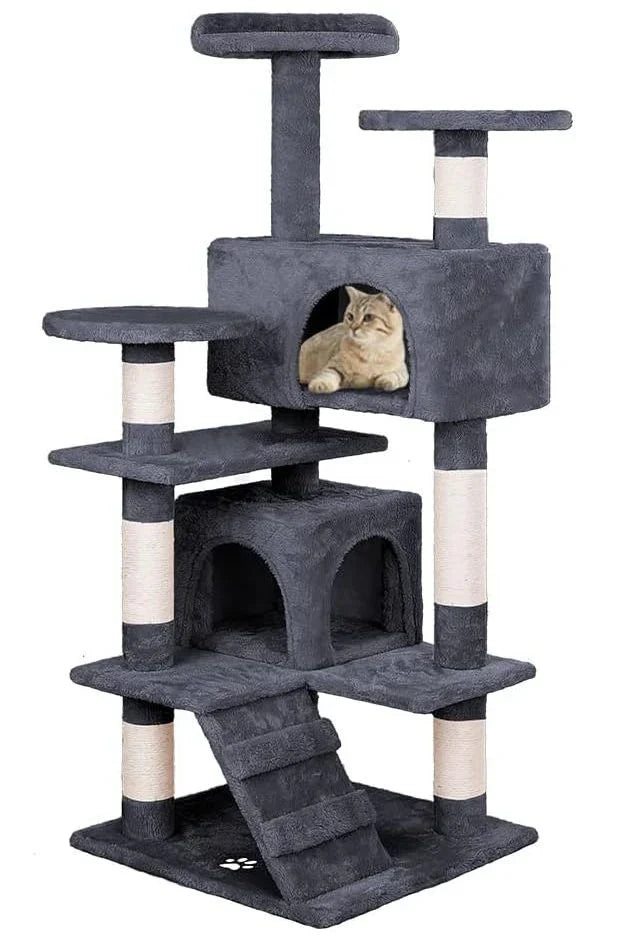134cm Cat Tree Tower for Indoor Cats with Plush Perches, Dual Condos, Natural Sisal Scratching Posts & Ramp for Kittens & Adult Cats (Dark Grey)