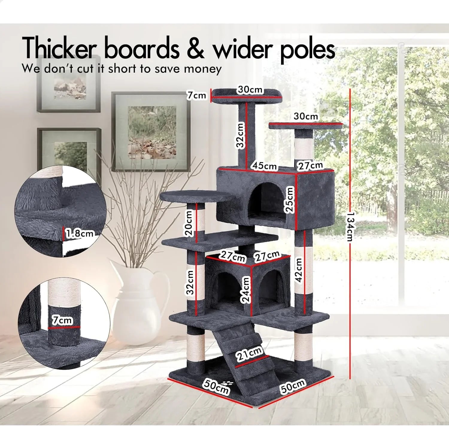 134cm Cat Tree Tower for Indoor Cats with Plush Perches, Dual Condos, Natural Sisal Scratching Posts & Ramp for Kittens & Adult Cats (Dark Grey)