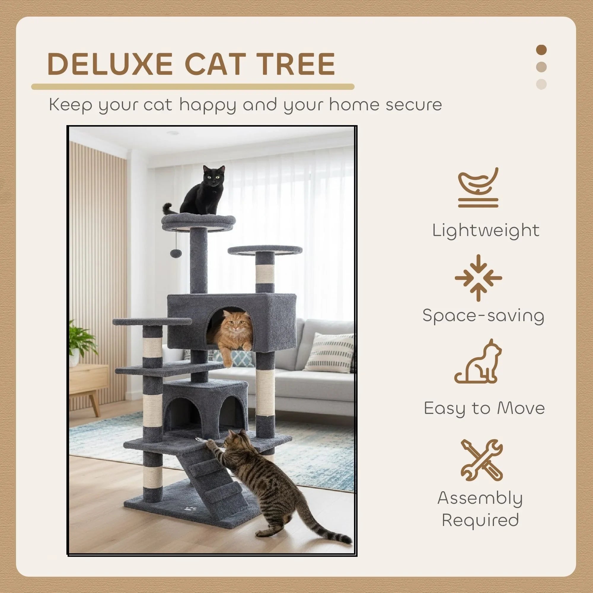 134cm Cat Tree Tower for Indoor Cats with Plush Perches, Dual Condos, Natural Sisal Scratching Posts & Ramp for Kittens & Adult Cats (Dark Grey)