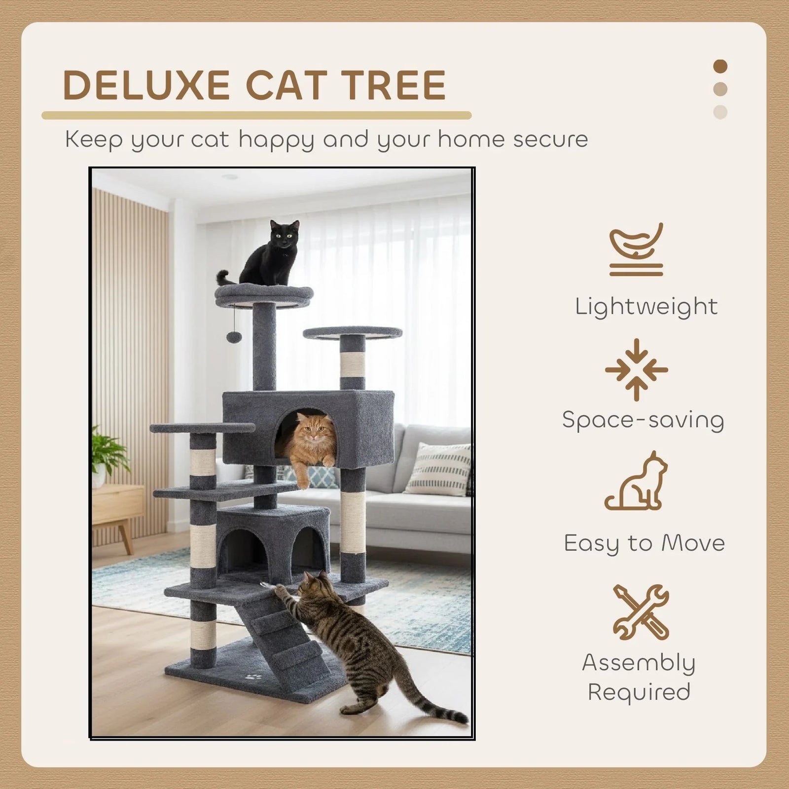 134cm Cat Tree Tower for Indoor Cats with Plush Perches, Dual Condos, Natural Sisal Scratching Posts & Ramp for Kittens & Adult Cats (Dark Grey)