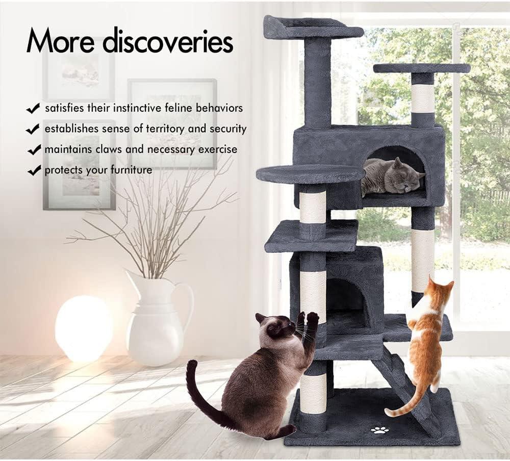 134cm Cat Tree Tower for Indoor Cats with Plush Perches, Dual Condos, Natural Sisal Scratching Posts & Ramp for Kittens & Adult Cats (Dark Grey)
