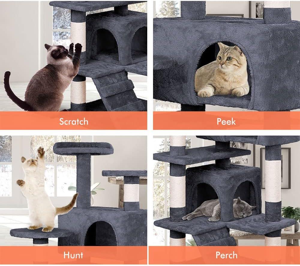134cm Cat Tree Tower for Indoor Cats with Plush Perches, Dual Condos, Natural Sisal Scratching Posts & Ramp for Kittens & Adult Cats (Dark Grey)