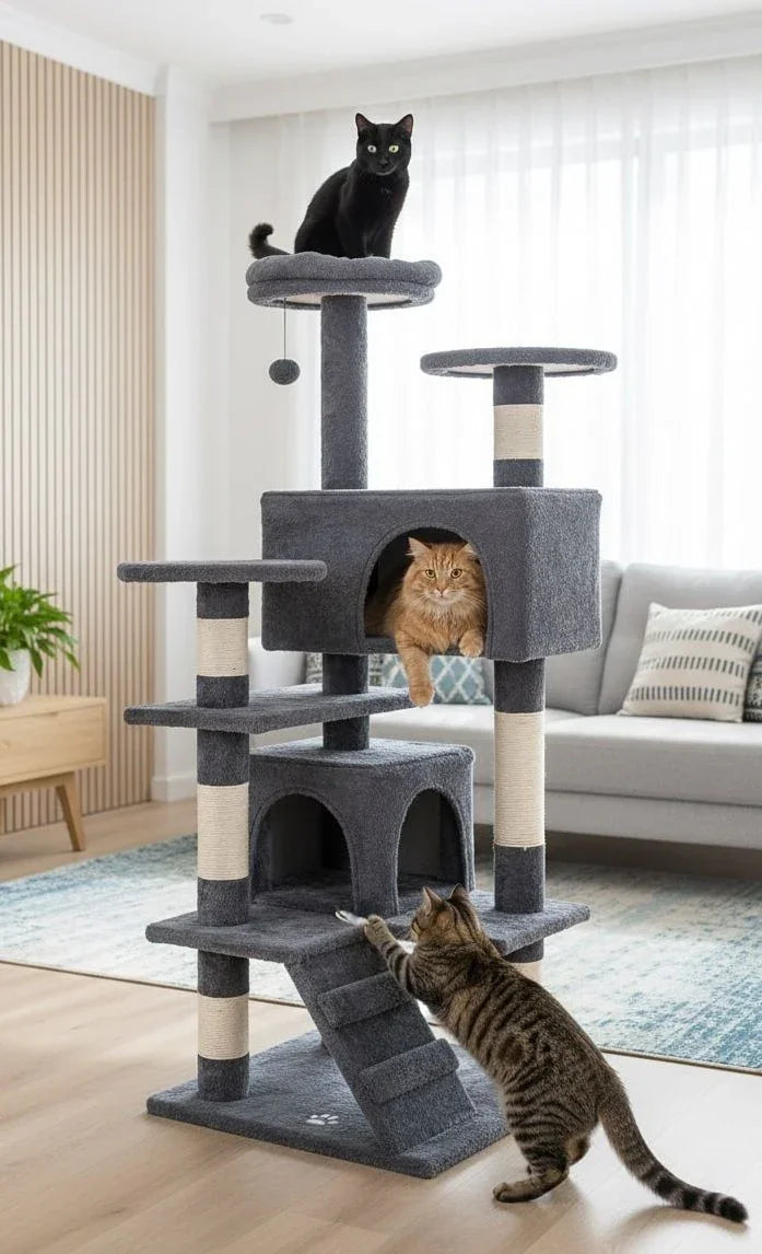 134cm Cat Tree Tower for Indoor Cats with Plush Perches, Dual Condos, Natural Sisal Scratching Posts & Ramp for Kittens & Adult Cats (Dark Grey)