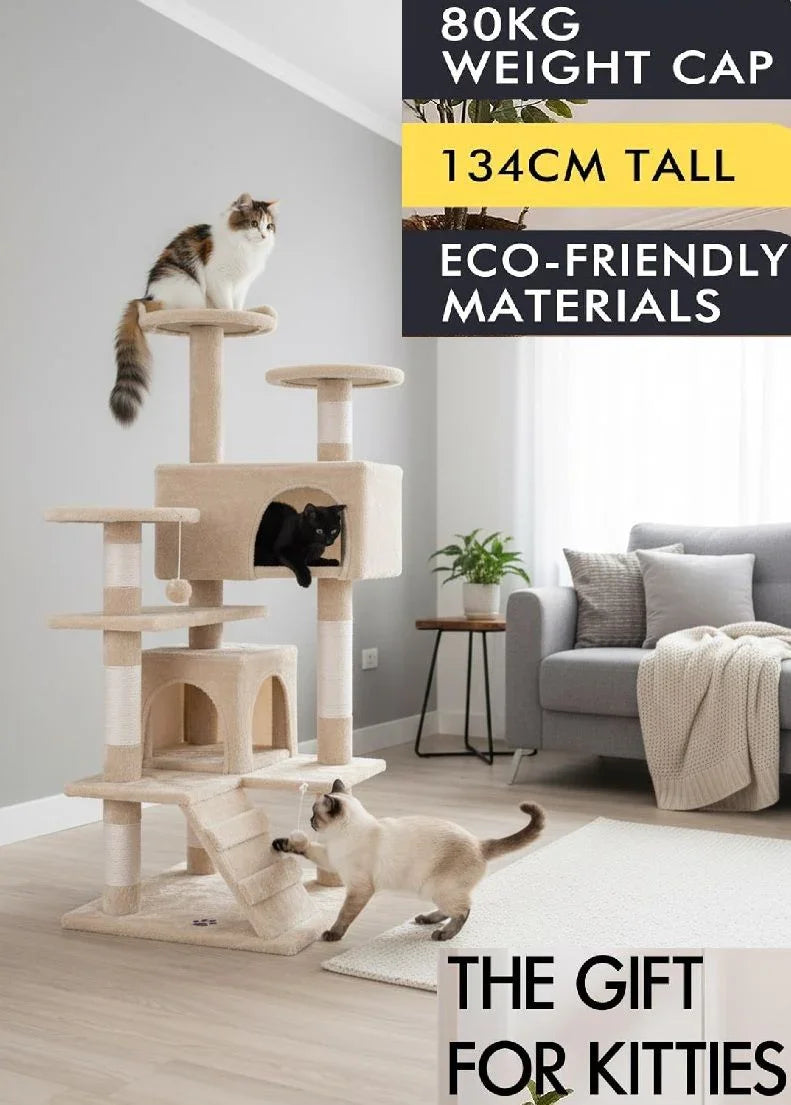 134cm Cat Tree Tower for Indoor Cats with Plush Perches, Dual Condos, Natural Sisal Scratching Posts & Ramp for Kittens & Adult Cats (Beige)