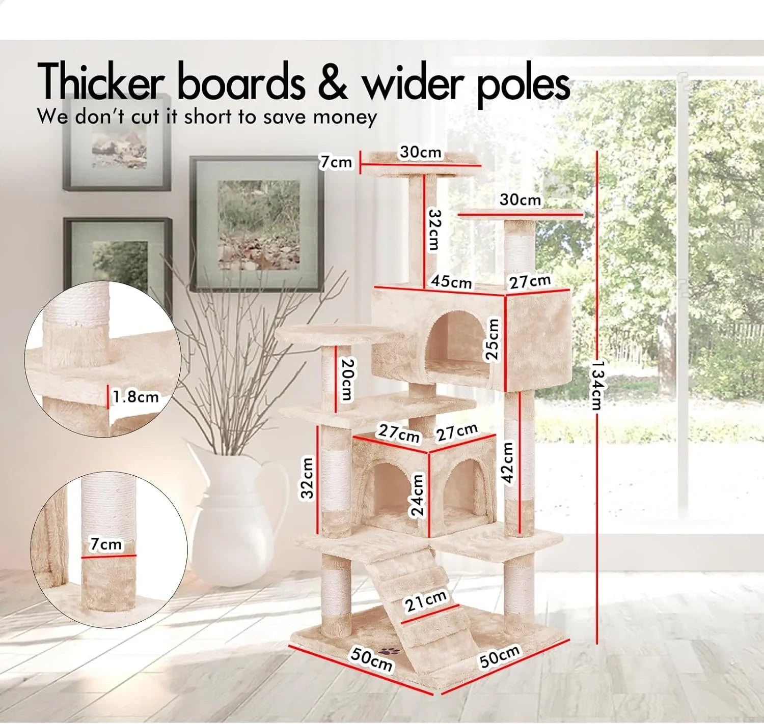 134cm Cat Tree Tower for Indoor Cats with Plush Perches, Dual Condos, Natural Sisal Scratching Posts & Ramp for Kittens & Adult Cats (Beige)