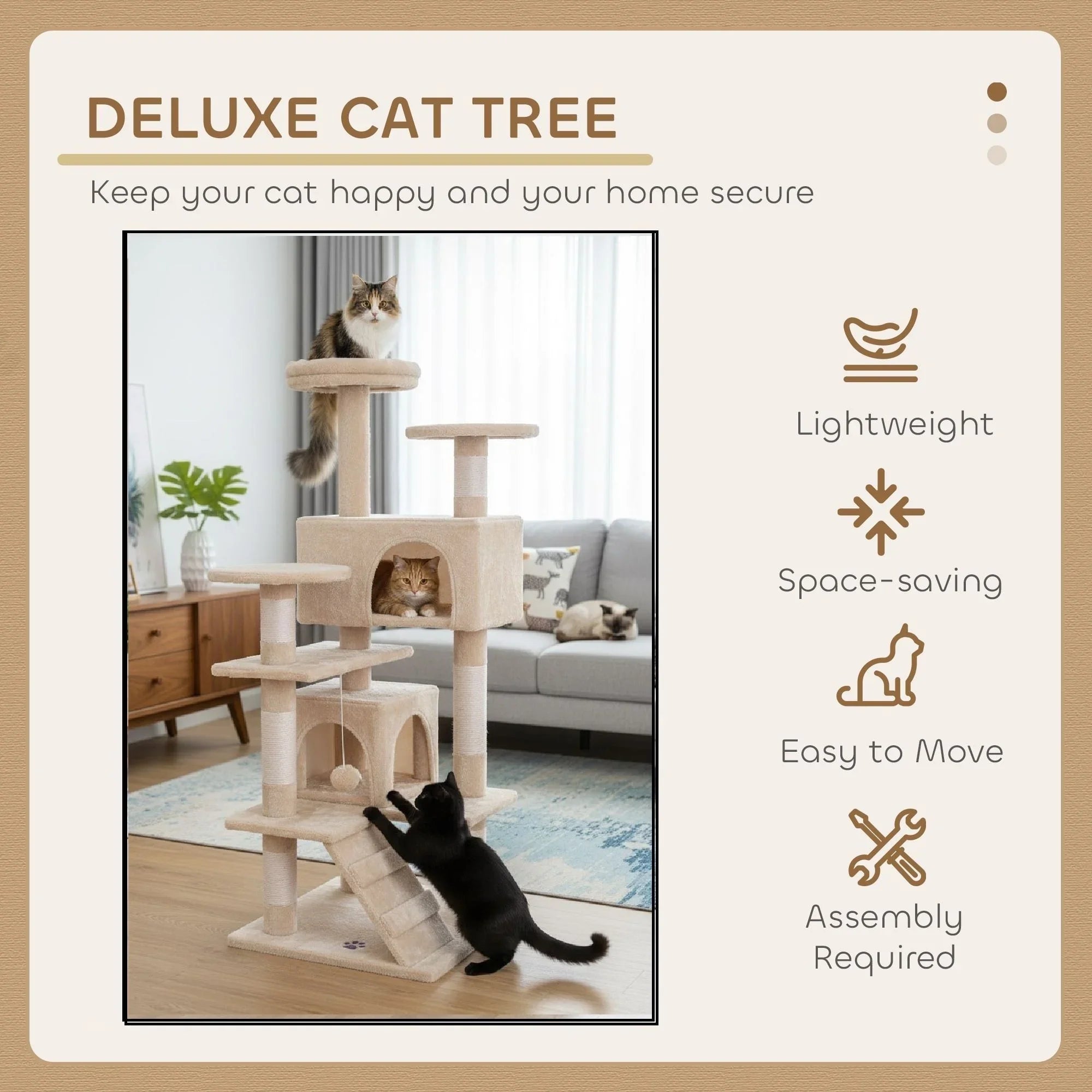 134cm Cat Tree Tower for Indoor Cats with Plush Perches, Dual Condos, Natural Sisal Scratching Posts & Ramp for Kittens & Adult Cats (Beige)