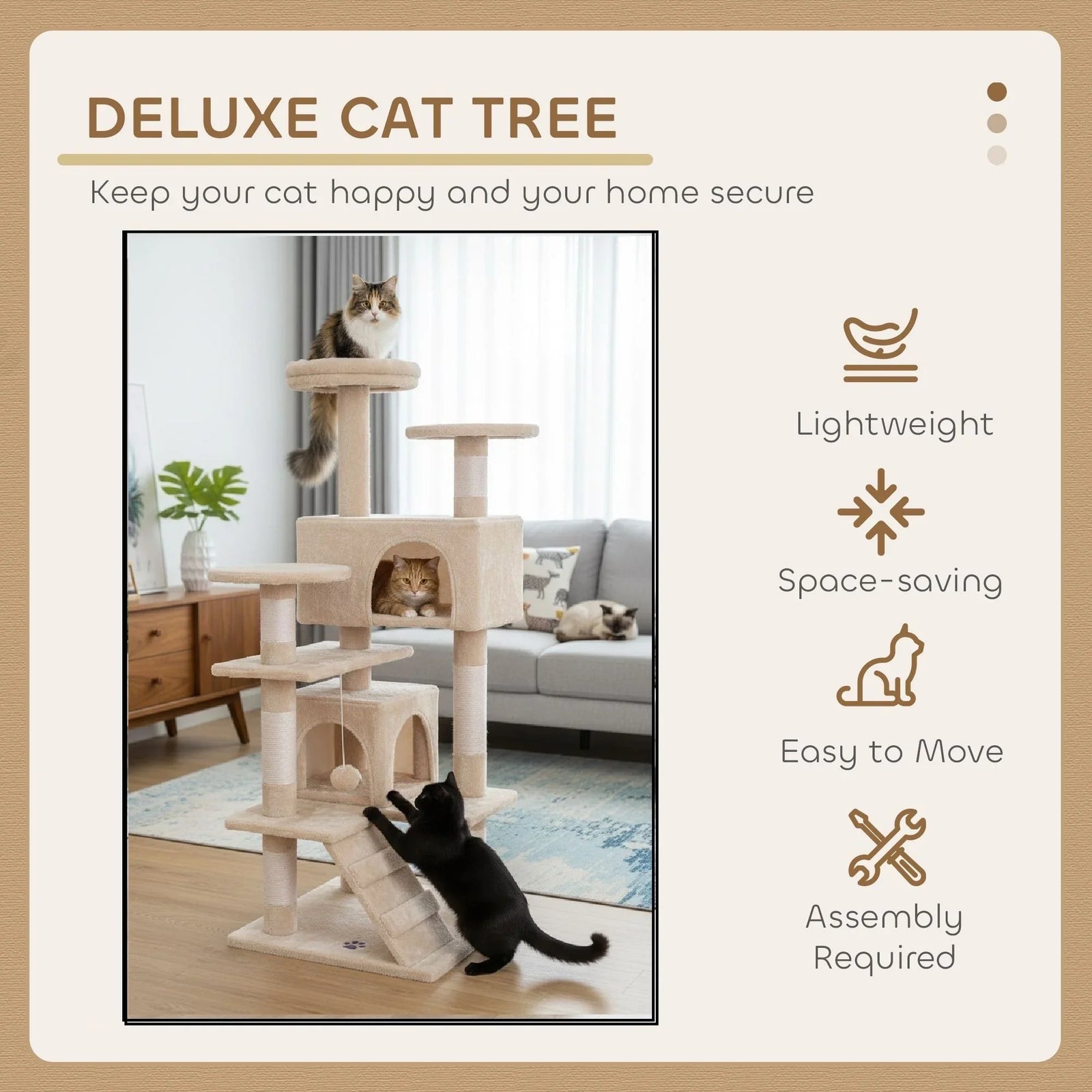 134cm Cat Tree Tower for Indoor Cats with Plush Perches, Dual Condos, Natural Sisal Scratching Posts & Ramp for Kittens & Adult Cats (Beige)