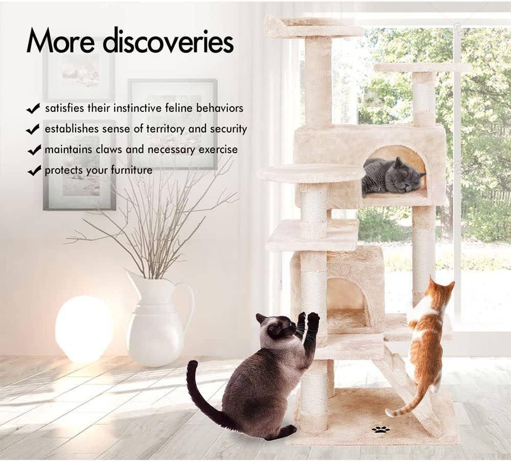 134cm Cat Tree Tower for Indoor Cats with Plush Perches, Dual Condos, Natural Sisal Scratching Posts & Ramp for Kittens & Adult Cats (Beige)