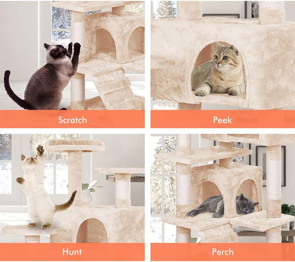 134cm Cat Tree Tower for Indoor Cats with Plush Perches, Dual Condos, Natural Sisal Scratching Posts & Ramp for Kittens & Adult Cats (Beige)