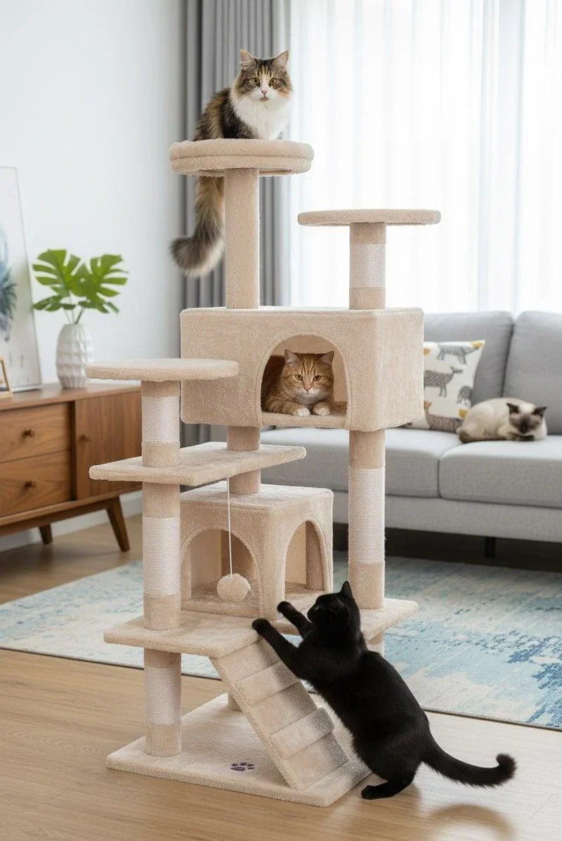 134cm Cat Tree Tower for Indoor Cats with Plush Perches, Dual Condos, Natural Sisal Scratching Posts & Ramp for Kittens & Adult Cats (Beige)