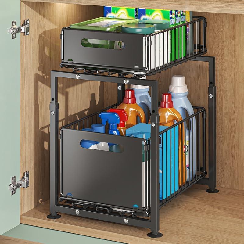 2-Tier Under Sink Organizer with Sliding Drawers & Height Adjustable for Kitchen Bathroom Cabinet Organization