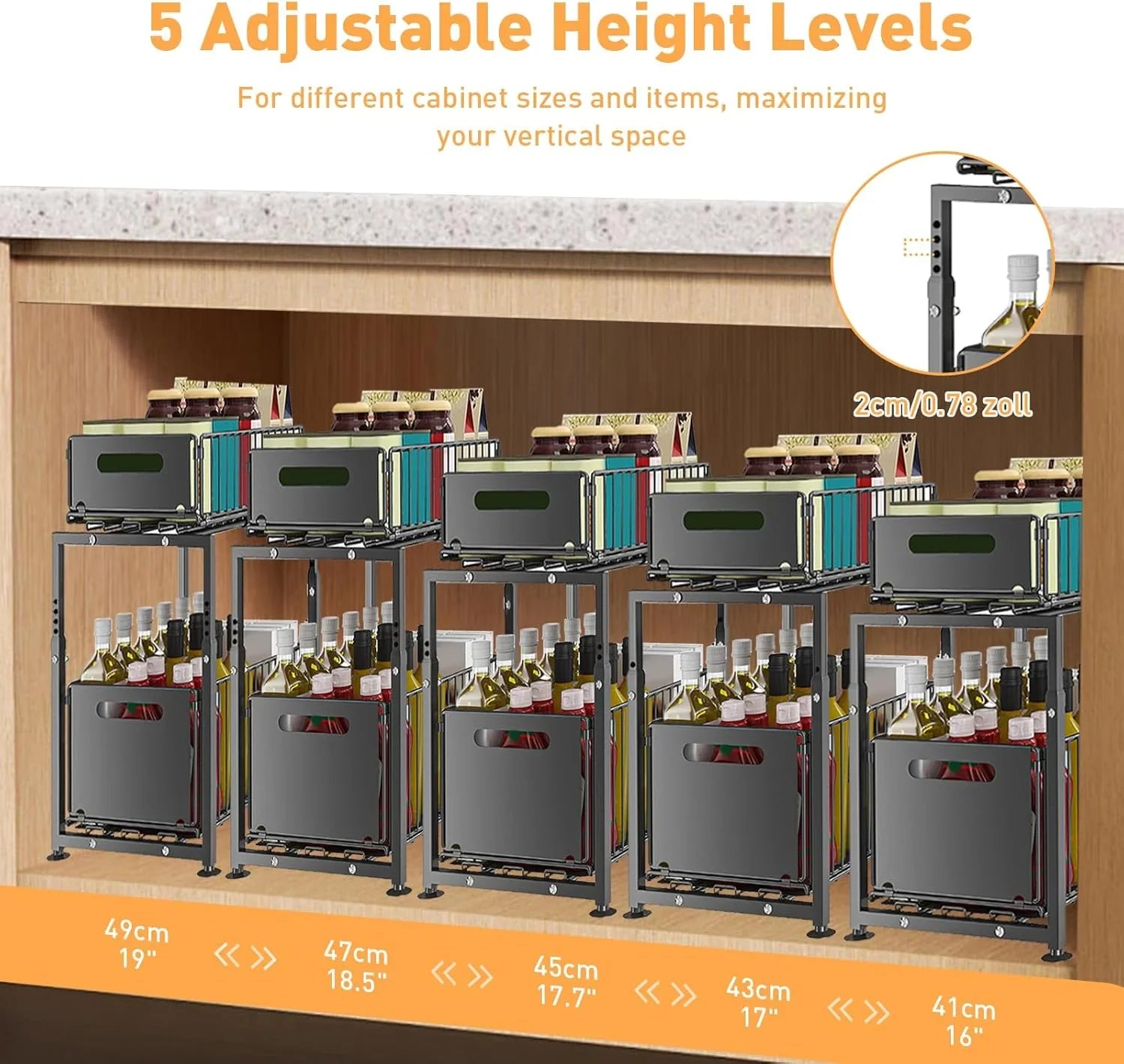 2-Tier Under Sink Organizer with Sliding Drawers & Height Adjustable for Kitchen Bathroom Cabinet Organization