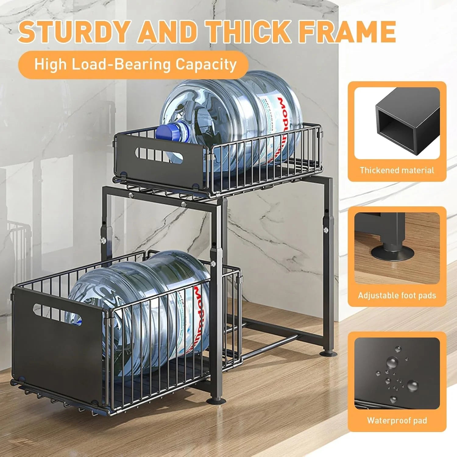 2-Tier Under Sink Organizer with Sliding Drawers & Height Adjustable for Kitchen Bathroom Cabinet Organization