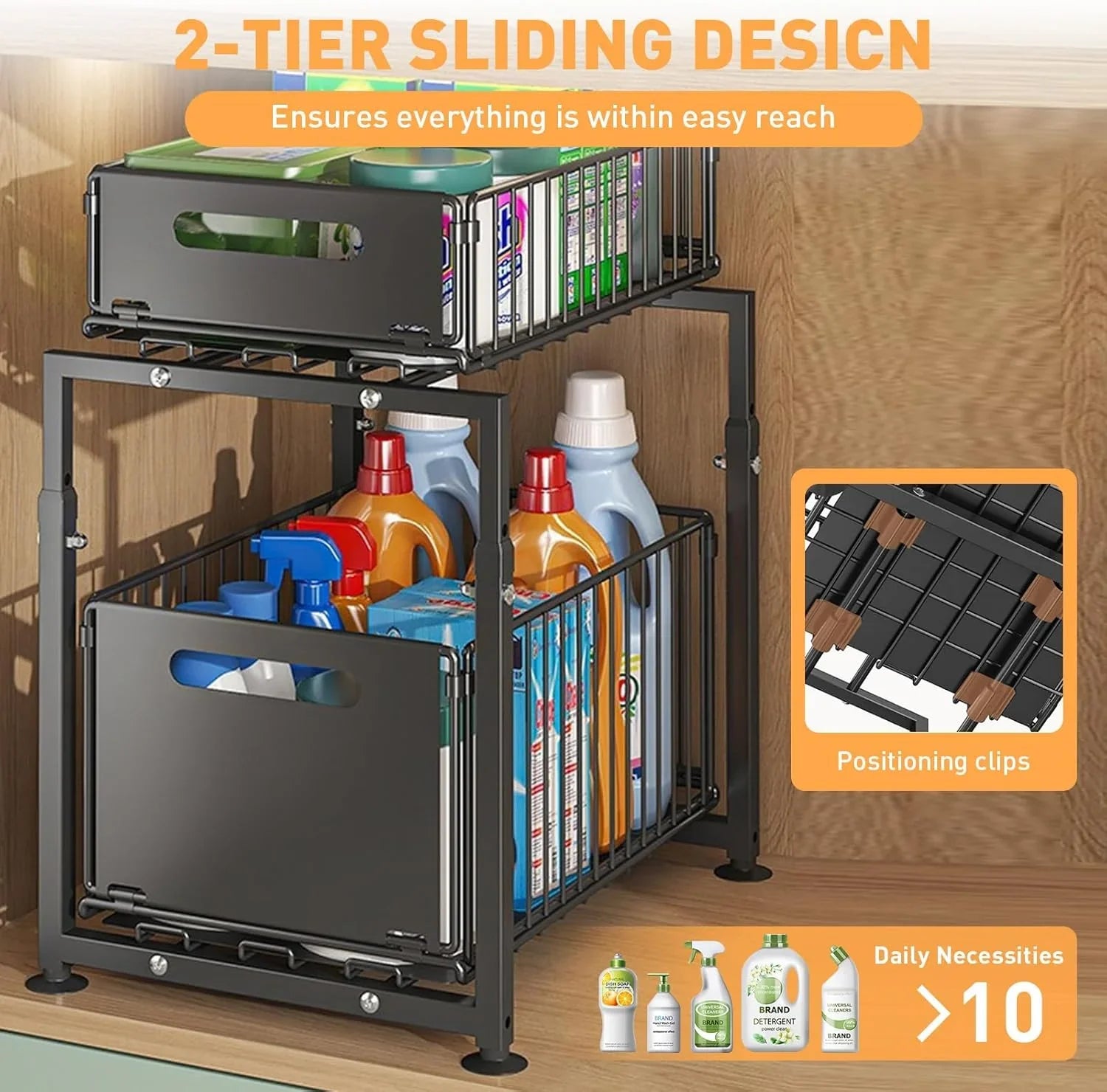 2-Tier Under Sink Organizer with Sliding Drawers & Height Adjustable for Kitchen Bathroom Cabinet Organization