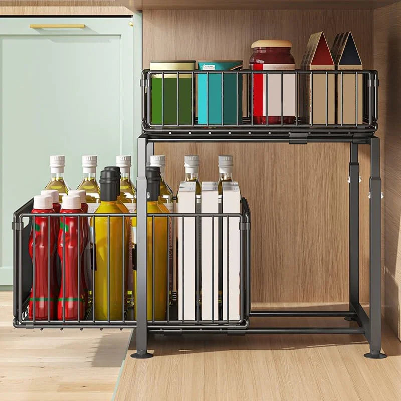 2-Tier Under Sink Organizer with Sliding Drawers & Height Adjustable for Kitchen Bathroom Cabinet Organization