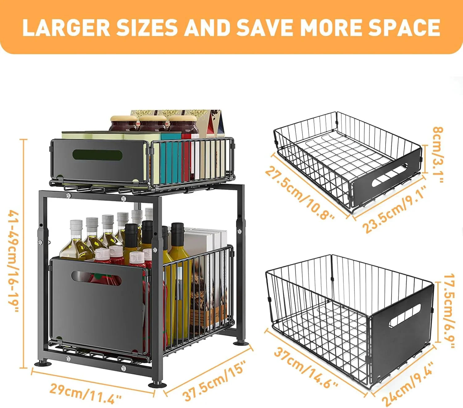 2-Tier Under Sink Organizer with Sliding Drawers & Height Adjustable for Kitchen Bathroom Cabinet Organization