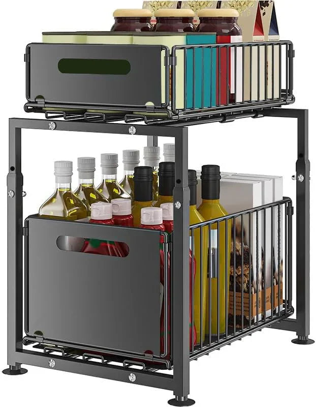 2-Tier Under Sink Organizer with Sliding Drawers & Height Adjustable for Kitchen Bathroom Cabinet Organization