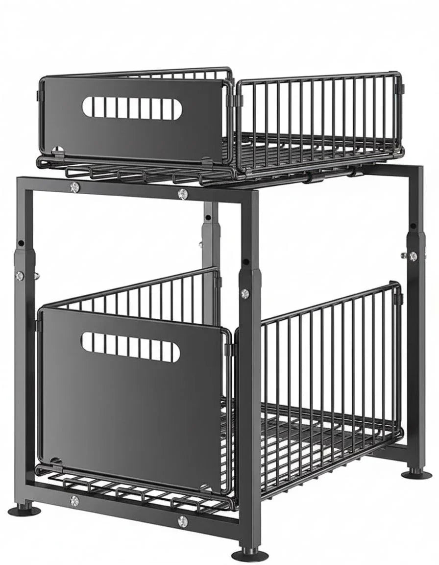 2-Tier Under Sink Organizer with Sliding Drawers & Height Adjustable for Kitchen Bathroom Cabinet Organization